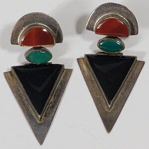 Art Deco Sterling silver moon top Earrings with Onyx Chrysoprase Carnelian